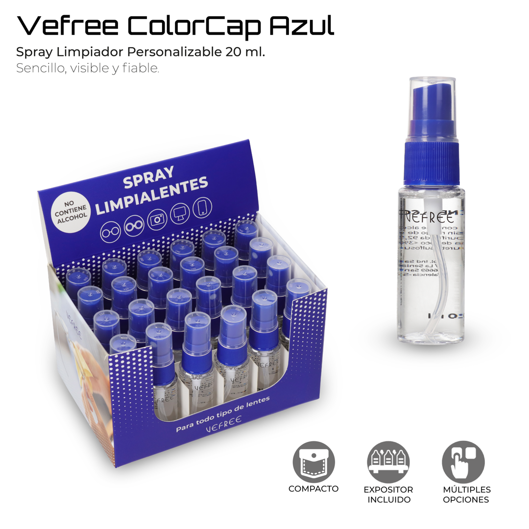 EXPOSITOR SPRAY LIMPIA GAFAS VEFREE 20ml AZUL 24uds