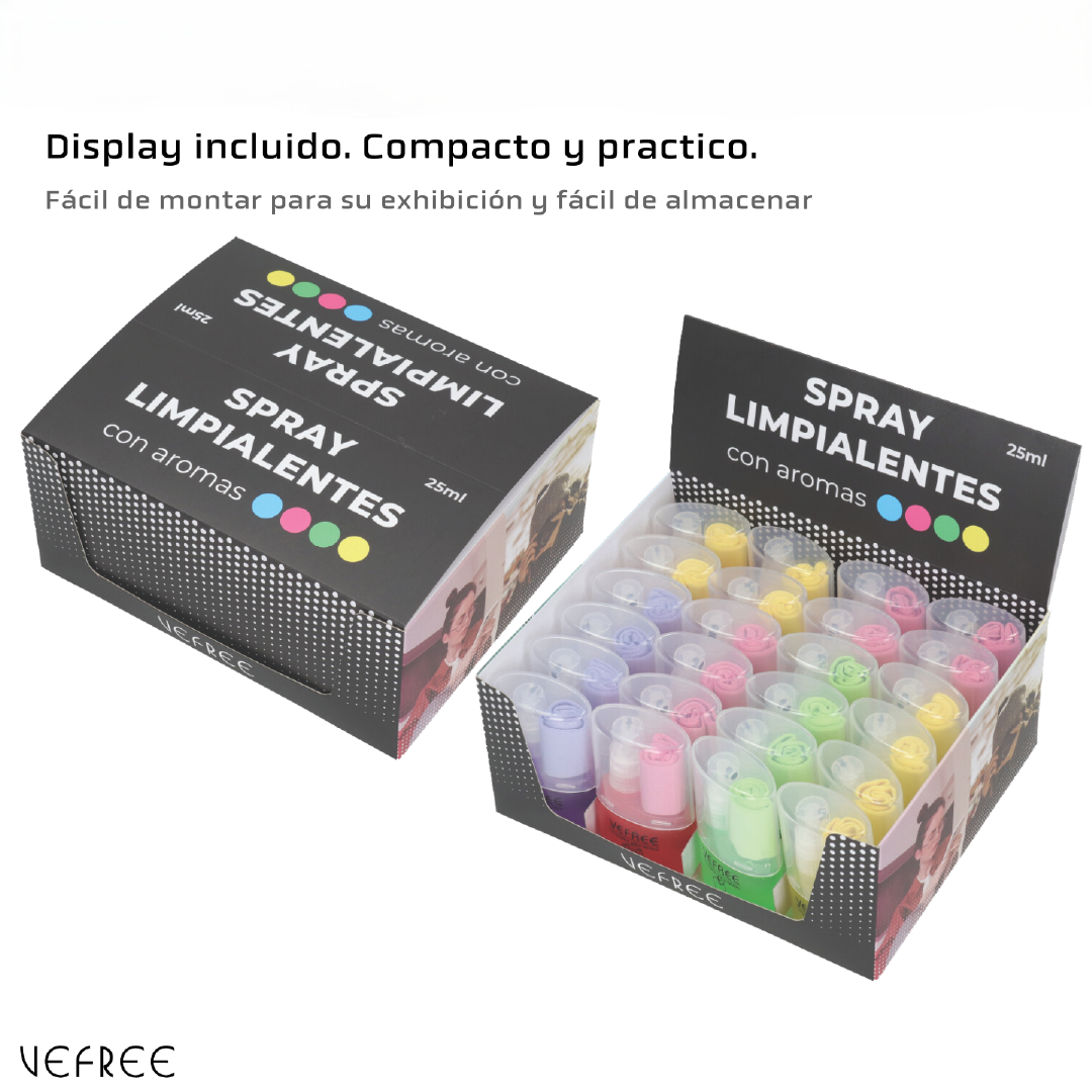 EXPOSITOR SPRAY LIMPIA GAFAS VEFREE AROMAS SURTIDO 25ml 24uds