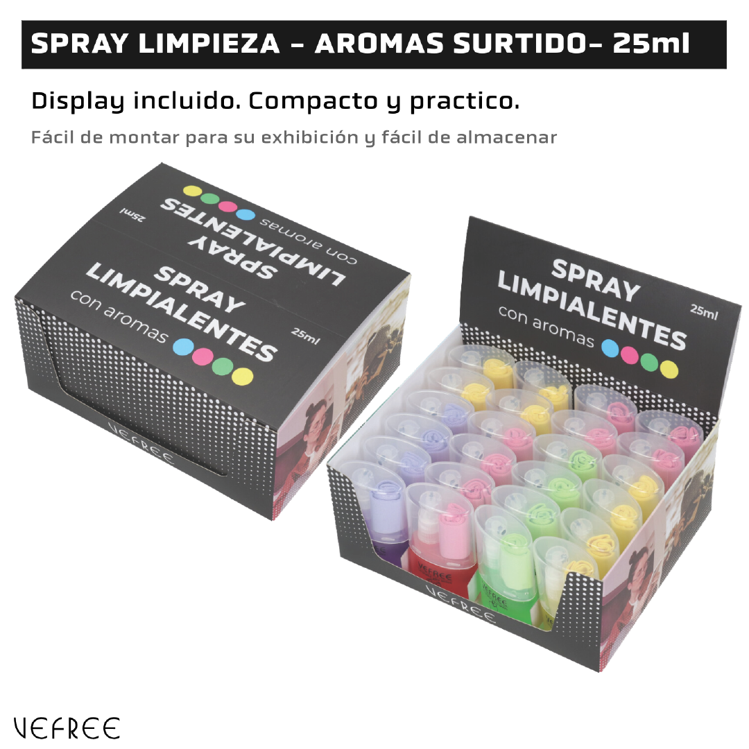 EXPOSITOR SPRAY LIMPIA GAFAS VEFREE AROMAS SURTIDO 25ml 24uds