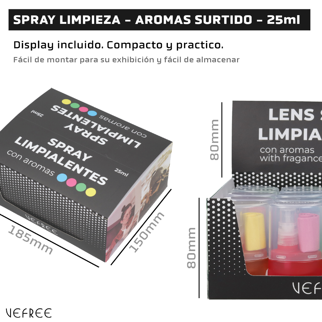 EXPOSITOR SPRAY LIMPIA GAFAS VEFREE AROMAS SURTIDO 25ml 24uds