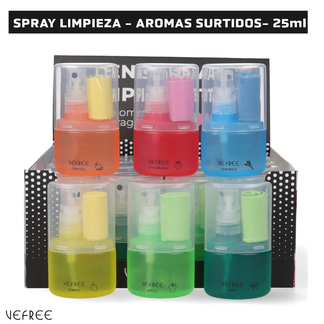 EXPOSITOR SPRAY LIMPIA GAFAS VEFREE AROMAS SURTIDO 25ml 24uds
