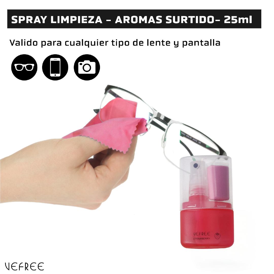 EXPOSITOR SPRAY LIMPIA GAFAS VEFREE AROMAS SURTIDO 25ml 24uds
